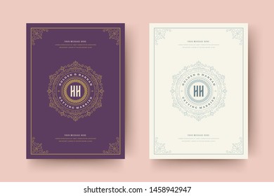 Wedding invitation save the date card flourishes ornaments vignette swirls. Vintage victorian ornate frame and decorations. Vector elegant template.