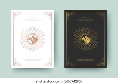 Wedding invitation save the date card golden flourishes ornaments vignette swirls. Vintage victorian ornate frame and decorations. Vector elegant template.