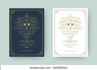 Wedding invitation save the date card template elegant flourishes ornaments vignette swirls vector illustration. Wedding vintage victorian ornate frames and decorations.