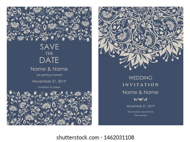 Wedding Invitation, save the date card baroque style. Vintage  Pattern. Retro Victorian ornament. Frame with flowers elements. Vector illustration.