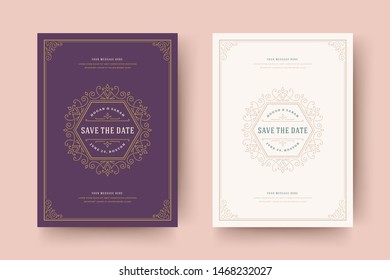 Wedding invitation save the date card golden flourishes ornaments vignette swirls. Vintage victorian ornate frame and decorations. Vector elegant template.