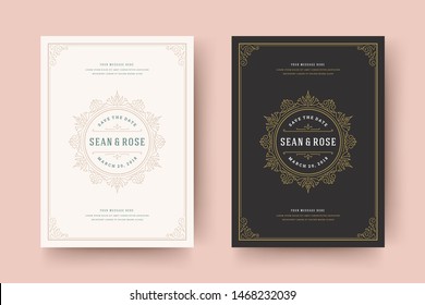 Wedding invitation save the date card golden flourishes ornaments vignette swirls. Vintage victorian ornate frame and decorations. Vector elegant template.
