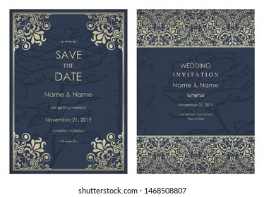 Wedding Invitation, save the date card baroque style. Vintage  Pattern. Retro Victorian ornament. Frame with flowers elements. Vector illustration.