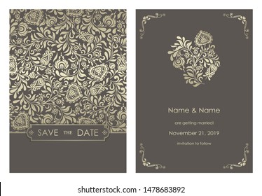 Wedding  Invitation  and save the date card baroque style. Size: 5" x 7". Vintage  Pattern. Retro Victorian ornament. Frame with flowers elements. Vector illustration.