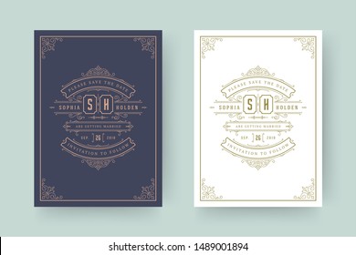 Wedding invitation save the date card template elegant flourish ornaments vignette swirls vector illustration. Wedding vintage victorian ornate frames and decorations.