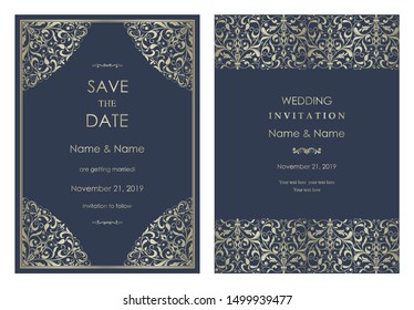 Wedding  Invitation  and save the date card baroque style. Vintage  Pattern.  Size: 5" x 7". Retro Victorian ornament. Frame with flowers elements. Vector illustration.