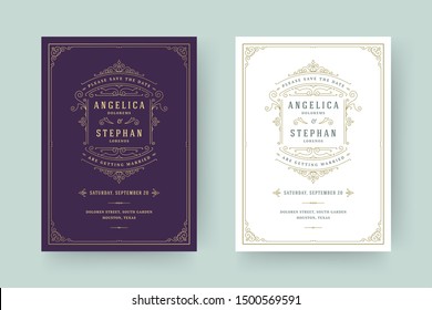 Wedding invitation save the date card template elegant flourishes ornaments vignette swirls vector illustration. Wedding vintage victorian frames and decorations.