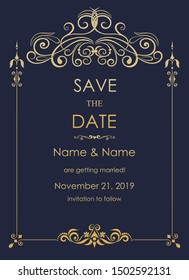 Wedding  Invitation  and save the date card baroque style. Vintage  Pattern. Retro Victorian ornament. Frame with flowers elements. Vector illustration.