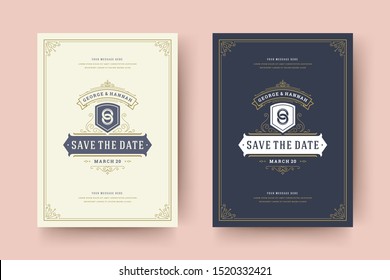 Wedding invitation save the date card template flourishes ornaments vignette swirls. Vintage victorian ornate frame and decoration wedding elegant invite title. Vector illustration.