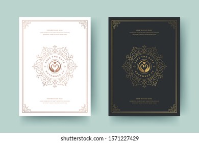 Invitación de Boda Guardar: la Plantilla de la tarjeta de fecha florece dorado adornos viñeta remolinos. Antiguas marco adornado victoriano y decoraciones de boda elegante invitan al título. Ilustración vectorial.