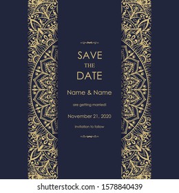 Wedding Invitation save the date card Eastern style. Arabic  Pattern. Mandala ornament. Frame with flowers elements. Vector illustration.