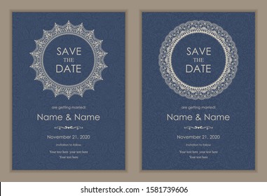 Wedding Invitation and save the date card Eastern style. Arabic  Pattern. Mandala ornament. Frame with flowers elements. Vector illustration.
