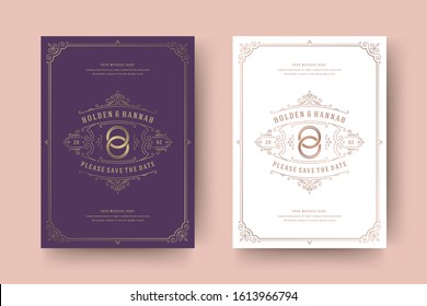 Wedding invitation save the date card template golden flourishes ornaments vignette swirls. Vintage victorian ornate frame and decorations wedding elegant invite title. Vector illustration.