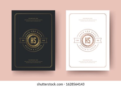 Wedding invitation save the date card golden typographic elegant template vector illustration. Vintage frame and decoration sign and symbols.