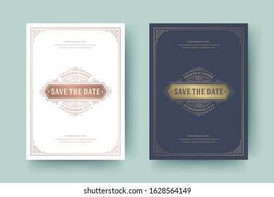 Wedding invitation save the date card template golden flourishes ornaments vignette swirls. Vintage victorian ornate frame and decorations wedding elegant invite title. Vector illustration.