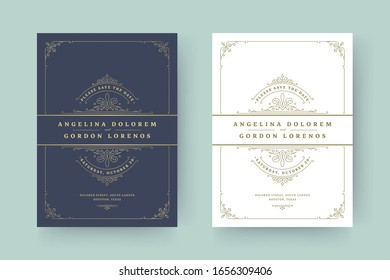 Wedding invitation save the date card template elegant flourishes ornaments vignette swirls vector illustration. Wedding vintage victorian frames and decorations.