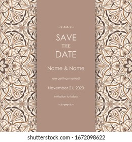 Wedding Invitation and save the date card Eastern style. Arabic  Pattern. Mandala ornament. Frame with flowers elements. Vector illustration.