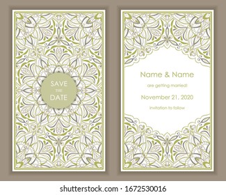Wedding Invitation and save the date card Eastern style. Arabic  Pattern. Mandala ornament. Frame with flowers elements. Vector illustration.