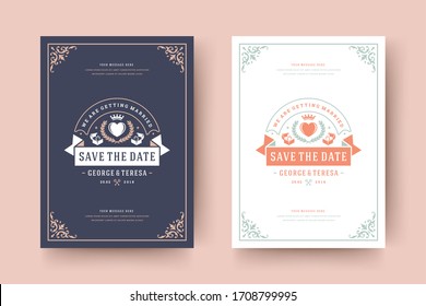 Wedding invitation save the date card typographic elegant template vector illustration. Vintage frame and decoration sign and symbols.