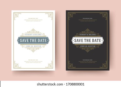 Wedding invitation save the date card template flourishes ornaments vignette swirls. Vintage victorian ornate frame and decoration wedding elegant invite title. Vector illustration.