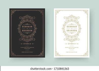 Wedding invitation save the date card template elegant flourishes ornaments vignette swirls vector illustration. Wedding vintage victorian frames and decorations.