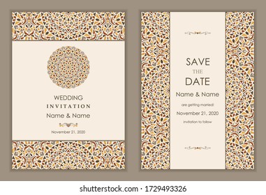 Wedding Invitation and save the date card Eastern style. Arabic  Pattern. Mandala ornament. Frame with flowers elements. Vector illustration.