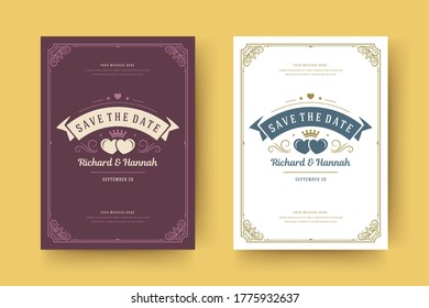Invitación de casamiento guardar la ilustración vectorial de plantilla elegante tipográfica de la tarjeta de fecha. Marco vintage, signo de decoración y símbolos.