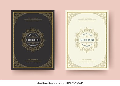 Wedding invitation save the date card template flourishes ornaments vignette swirls. Vintage victorian ornate frame and decoration wedding elegant invite title. Vector illustration.