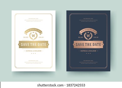 Wedding invitation save the date card golden typographic elegant template vector illustration. Vintage frame and decoration sign and symbols.