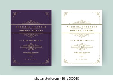 Wedding invitation save the date card template elegant flourishes ornaments vignette swirls vector illustration. Wedding vintage victorian frames and decorations.