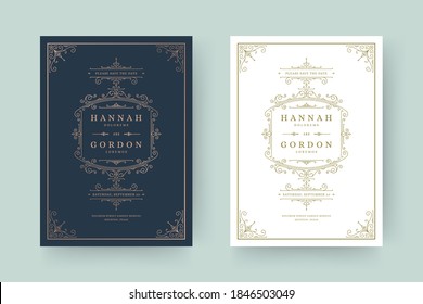 Invitación de casamiento guardar la plantilla de la tarjeta de fecha elegante florece ornamentos vibración giratoria ilustración vectorial. Marcos y decoraciones victorianos de la época de bodas.