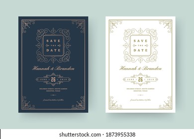 Wedding invitation save the date card template elegant flourishes ornaments vignette swirls vector illustration. Wedding vintage victorian frames and decorations.