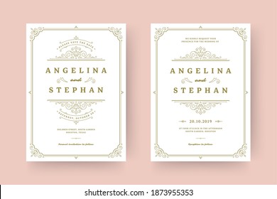 Wedding invitation save the date card template elegant flourishes ornaments vignette swirls vector illustration. Wedding vintage victorian frames and decorations.