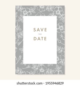 Wedding invitation, save the date card. Floral pattern made of white dog roses flowers, buds and leaves. Elegant floral engraving, vintage design. Rose hips pen drawing. Vector illustration background