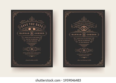 Wedding invitation save the date card template elegant flourishes ornaments vignette swirls vector illustration. Wedding vintage victorian frames and decorations.