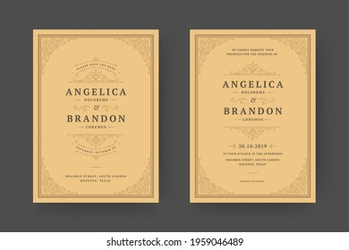 Wedding invitation save the date card template elegant flourishes ornaments vignette swirls vector illustration. Wedding vintage victorian frames and decorations.