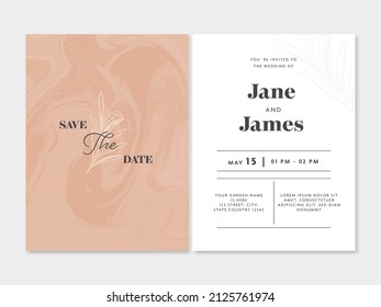 Wedding Invitation Save The Date Card With Venue Details In Peach And White Color.