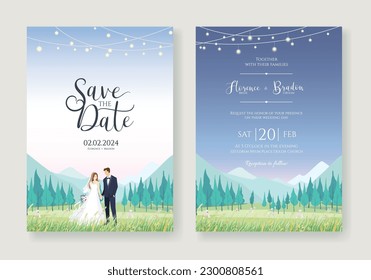 Invitación de boda, guardar la fecha, plantilla de tarjeta. Vector. La novia y el novio estaban en un campo de flores. Detrás hay una hermosa cordillera.