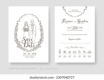 Wedding Invitation, save the date card template and wedding ceremony timeline icon. Happy bride and groom. line art style