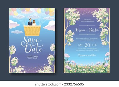 Wedding Invitation, save the date, card template. Vector. The newlyweds ride a balloon in the sky. In the background is a field of flowers and trees that are blooming.