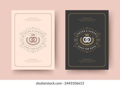 Wedding invitation save the date card typographic elegant template vector illustration. Vintage frame and decoration sign and symbols.