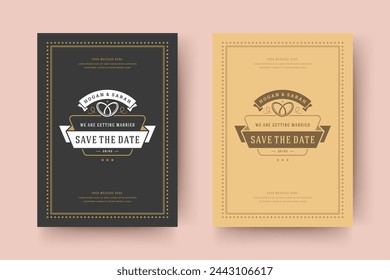 Invitación de boda guardar la tarjeta de fecha tipográfica elegante plantilla vector ilustración. Marco vintage y signo y símbolos de decoración.