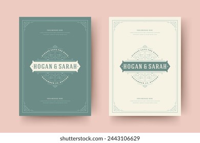 Wedding invitation save the date card template flourishes ornaments vignette swirls. Vintage victorian ornate frame and decoration wedding elegant invite title. Vector illustration.