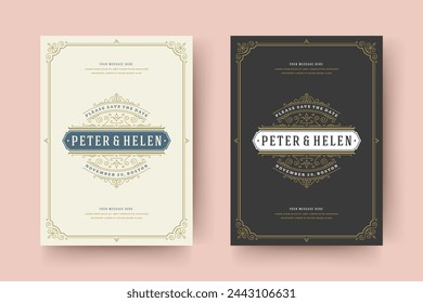 Wedding invitation save the date card template flourishes ornaments vignette swirls. Vintage victorian ornate frame and decoration wedding elegant invite title. Vector illustration.
