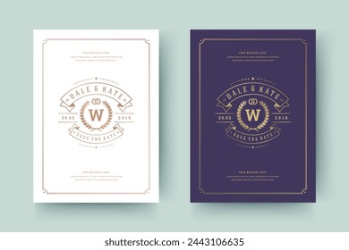 Wedding invitation save the date card golden typographic elegant template vector illustration. Vintage frame and decoration sign and symbols.