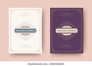 Wedding invitation save the date card template flourishes ornaments vignette swirls. Vintage victorian ornate frame and decoration wedding elegant invite title. Vector illustration.