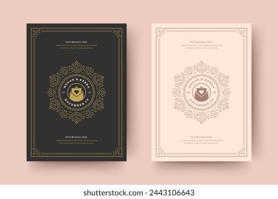 Wedding invitation save the date card template flourishes ornaments vignette swirls. Vintage victorian ornate frame and decoration wedding elegant invite title. Vector illustration.