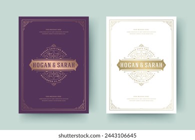 Wedding invitation save the date card template golden flourishes ornaments vignette swirls. Vintage victorian ornate frame and decorations wedding elegant invite title. Vector illustration.