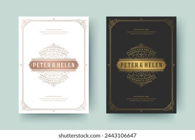 Wedding invitation save the date card template golden flourishes ornaments vignette swirls. Vintage victorian ornate frame and decorations wedding elegant invite title. Vector illustration.