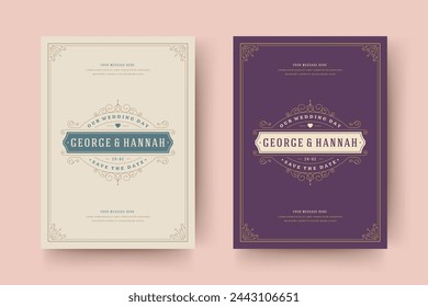 Wedding invitation save the date card template flourishes ornaments vignette swirls. Vintage victorian ornate frame and decoration wedding elegant invite title. Vector illustration.